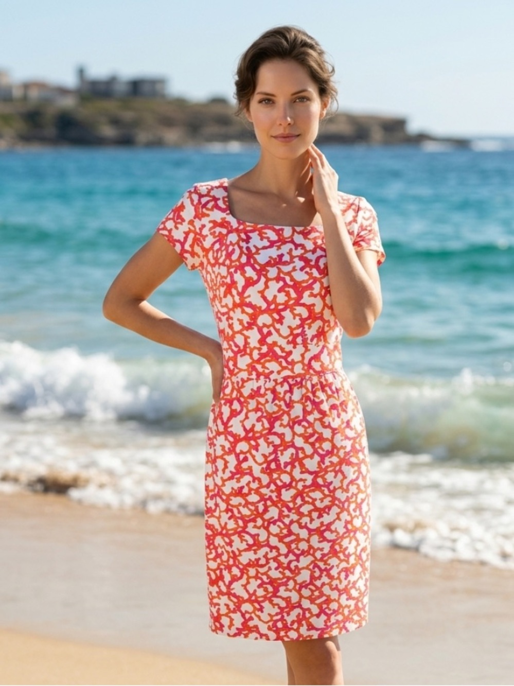 J MCLAUGHLIN Dress Catalina Cloth Emma Square Neck Geometric Pink Orange White